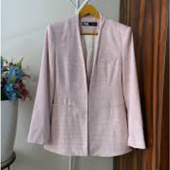 Zara Petal Pink Checkered Plaid Open Front Jacket Blazer Sm Easter Office Pastel - Picture 2 of 15